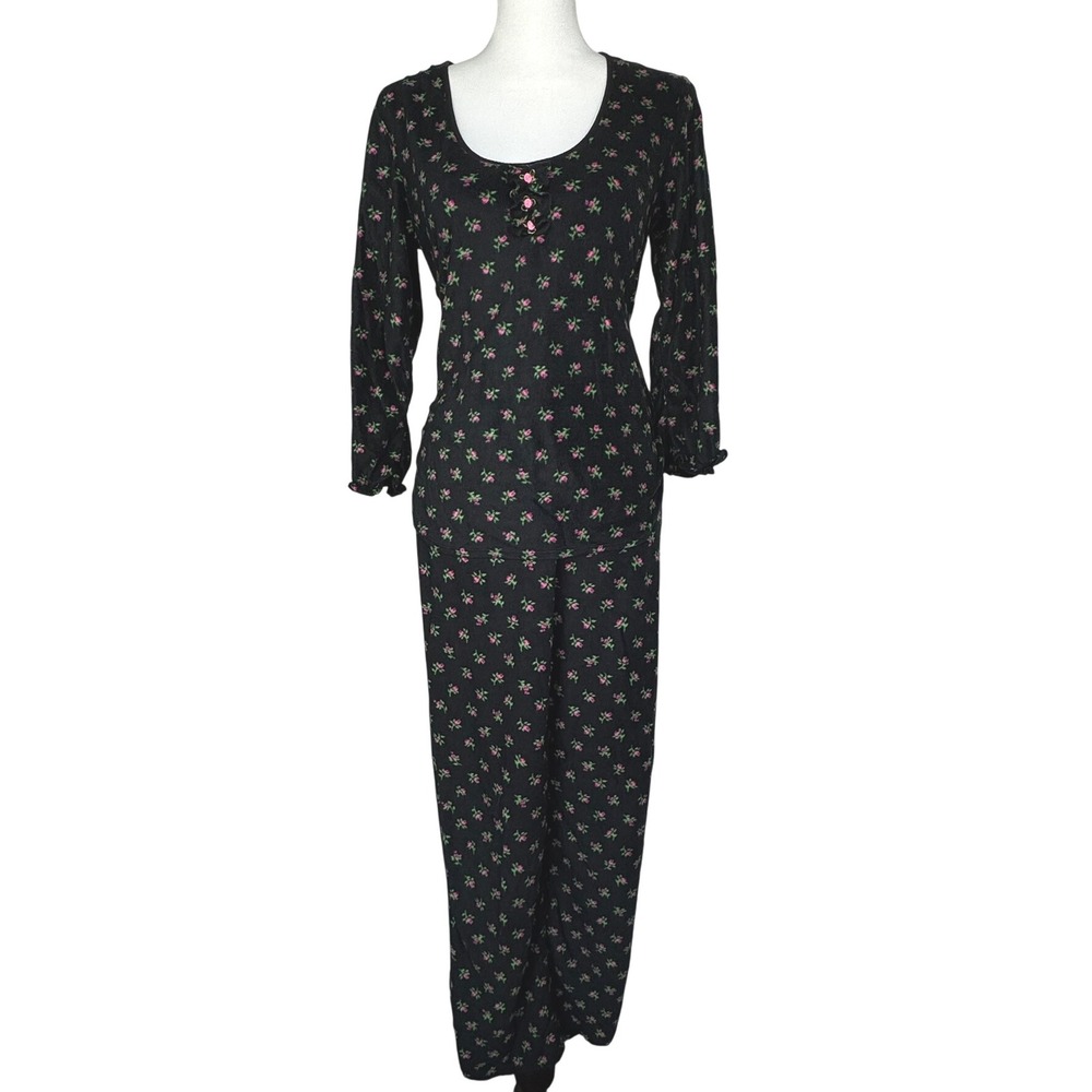 BETSEY JOHNSON Womens Small Black Pink Floral Soft Fleece Long Sleeve Pajama Set